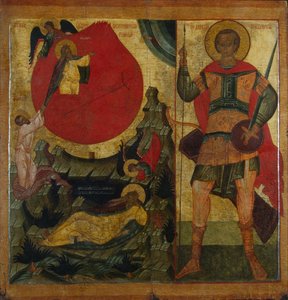 Der Prophet Elija und der feurige Wagen. Heiliger Demetrius von Thessaloniki, Mitte des 16. Jahrhunderts von Anonymous Russian icon painter