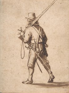 Ein gehender Musketier, von hinten gesehen, 17. Jahrhundert
