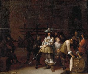 Ein Wachrauminterieur mit einem Kavalier, der sich mit einem Trommler unterhält
