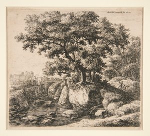 Landschaft mit Mann, der einen Esel treibt
