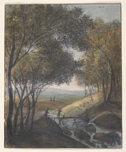Landschaft mit einem Reisenden, der eine Brücke überquert (recto); Skizzen eines Tores, einer Brücke und eines Rathauses (verso)