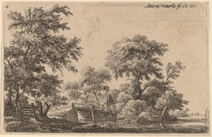 Bretter an vier Bäumen befestigt von Anthonie Waterloo