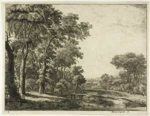 Der Eingang zum Wald an der kleinen Holzbrücke von Anthonie Waterloo