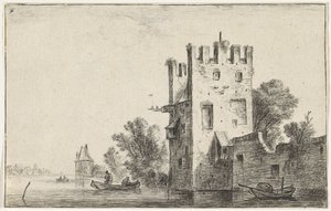 Quadratischer Turm am Wasser von Anthonie Waterloo