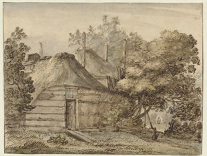 Bauernhof und ein Heuschober zwischen Bäumen von Anthonie van Borssom
