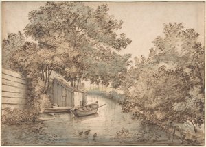 Kanal mit einem Boot und Enten von Anthonie van Borssom