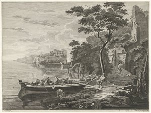 Figuren bei einem Boot in einer Berglandschaft von Anthonij van der Haer