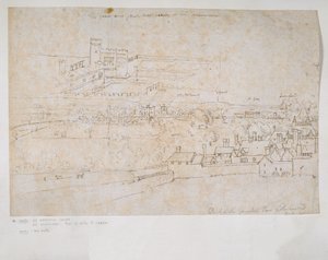 Blatt mit Studien der Paläste von Hampton Court und Richmond und der umliegenden Landschaft von Anthonis van den Wyngaerde