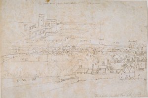 Blatt mit Studien der Paläste von Hampton Court, Richmond und Umgebung, ca. 1560er Jahre