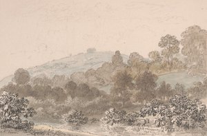 Landschaft mit Bach im Vordergrund