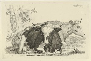 Zwei liegende Kühe vor einem Baum (Studien von Kühen, Schafen und Ziegen) von Anthony Oberman