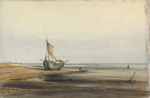 Küstenszene mit einem gestrandeten Boot