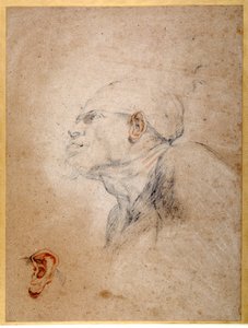 Ein Mann mit bandagiertem Kopf, sein linkes Ohr separat geübt (schwarze & rote Kreiden auf Papier) von Anthony van Dyck