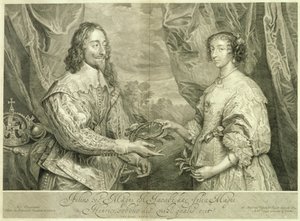 Karl I. (1600-49) und Henrietta Maria (1609-69) graviert von George Vertue (1684-1756) nach einem Gemälde von 1634, 1742