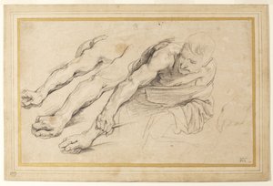 Figur eines Mannes, der sich nach vorne beugt, mit ausgestrecktem rechten Arm; drei Studien des rechten Arms und eine der linken Hand für dieselbe Figur (Kreide auf Papier)