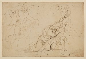 Junons Rache an Callisto, Studie eines Mannes und einer Frau, die eine andere Frau angreifen