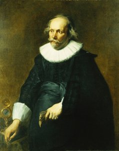Porträt eines Gentlemans, Dreiviertellänge, in schwarzem Kostüm mit weißem Kragen und Manschetten, an einem Tisch mit einer Uhr