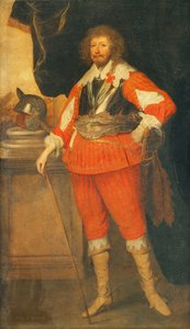 Porträt eines Adligen, angeblich Henry Rich, 1. Earl of Holland, in voller Länge, mit Brustpanzer, Schärpe und Schwert, seine Hand auf einem Stock ruhend, ein Helm auf einem Sockel, vor einer drapierten Kolonnade stehend