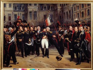 Abdankung von 1814 - Der Abschied von Napoleon Bonaparte (1769-1821) von der kaiserlichen Garde im Hof des Cheval Blanc in Fontainebleau am 20.04.1814