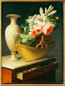 Blumenstrauß aus Lilien und Rosen in einem Korb auf einer Chiffonniere von Antoine Berjon