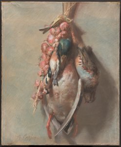 Jagdtrophäe mit Stockente, Rebhuhn, Stieglitzen und Zwiebeln