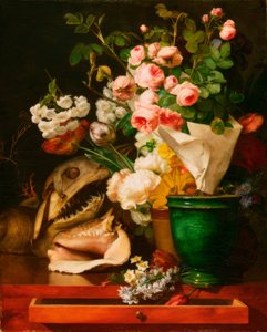 Stillleben mit Blumen, Muscheln, Haikopf
