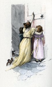 Josephine de Beauharnais weint mit ihren Kindern Hortense und Eugene an der Tür des Zimmers von Napoleon Bonaparte (1769-1821), der sich weigert, sie nach außerehelichen Abenteuern während seines Aufenthalts in Ägypten zu öffnen