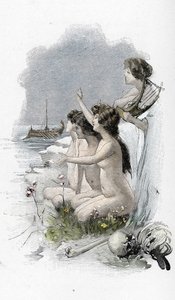 Odyssee von Homer: Gesang XII: Odysseus und die Sirenen, die ein bezauberndes Lied sangen, das normalerweise vorbeifahrende Seeleute dazu brachte, auf die Felsen zu steuern, nur um sie zu treffen und zu sinken Illustration von Antoine Calbet (1860-1944) fü