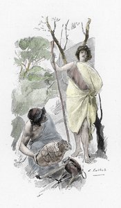 Odyssee von Homer: Odysseus kehrt nach Ithaka zurück und trifft Athena, verkleidet als Hirtenjunge (Illustration von Antoine Calbet) von Antoine Calbet