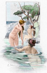 Odyssee von Homer: Nausikaa, Tochter des Königs Alkinoos, und ihre Dienerinnen waschen ihre Kleider im Fluss. Illustration von Antoine Calbet (1860-1944) für die Odyssee von Homer, 1897, Privatbesitz