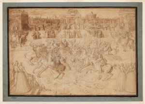 Ein Reiterspiel mit Reitern, die zwischen Feuerwerken turnieren, 1575-ca. 1580