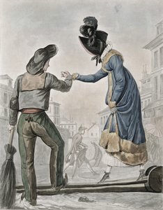 Eine Frau bezahlt einen Straßenkehrer, um über ein schmutziges Straßenbrett zu gehen von Antoine Charles Horace Vernet