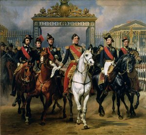 König Louis-Philippe (1773-1850) von Frankreich und seine Söhne verlassen das Schloss von Versailles zu Pferd, 1846