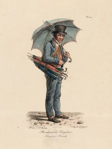 Der Regenschirm- und Sonnenschirmverkäufer, Nummer 23 aus der Serie Die Rufe von Paris, graviert von Francois Seraphin Delpech (1778-1825)