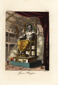 Statue von Zeus oder Jupiter in Olympia, riesige sitzende Figur des griechischen Bildhauers Phidias um 435 v. Chr. im Heiligtum von Olympia, Griechenland