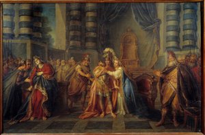 Kleopatra schluckt das Gift. Darstellung der letzten Szene des ersten Aktes von „Rodogune“ von Pierre Corneille. Gemälde von Charles Antoine Coypel (1694-1752) 1749 von Antoine Coypel