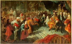 König Ludwig XIV. empfängt den außerordentlichen Botschafter Persiens Mehemet Reza Bey in der Spiegelgalerie in Versailles von Antoine Coypel