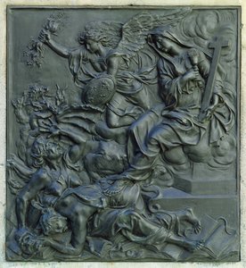 Der Engel Frankreichs vertreibt die Ketzer, Detail vom Sockel einer Statue von Ludwig XIV., ca. 1687