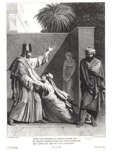 Esther fleht Assuerus in Anwesenheit von Aman an, Illustration aus Esther von Jean Racine (1639-99), graviert von J.J. Coiny (1761-1809) von Antoine Denis Chaudet
