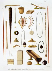 Haushaltsutensilien und Waffen von den Marianeninseln, aus Voyage autour du Monde (1817-20), von Louis Claude Desaulses de Freycinet, graviert von Jean Louis Denis Coutant, veröffentlicht 1824