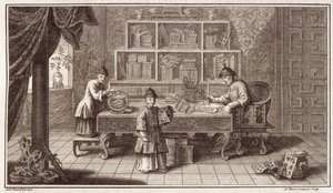 Ein chinesischer Kalligrafieladen, aus einem Bericht über die niederländische Botschaft in China, graviert von A. Maisonneuve, ca. 1670er Jahre von Antoine Humblot