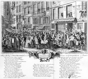 Investoren vor dem Hauptsitz der Banque Royale in der Rue Quincampoix, Paris, 1720 von Antoine Humblot