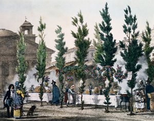 Lebensmittelfritteusen am Pantheon während des Festes von St. Joseph, Gravur von Antoine Jean-Baptiste Thomas (1791-1834) aus Ein Jahr in Rom und Umgebung, Frankreich von Antoine Jean Baptiste Thomas