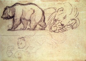 Ein Bär im Gehen, der Kopf eines Löwen und ein Leopard, der ein Tier angreift