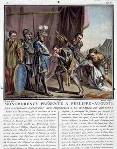 Montmorency wird Philipp Augustus (1165-1223) nach der Schlacht von Bouvines vorgestellt, graviert von Jean Baptiste Morret