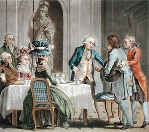 Der Comte de Vaux (1705-88) bietet einem Bauern Essen und Trinken an, graviert von Jean Baptiste Morret (fl.1790-1820) von Antoine Louis Francois (after) Sergent Marceau