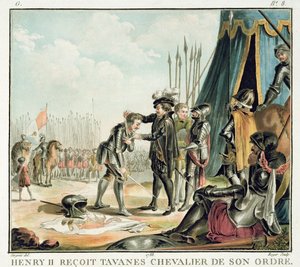 Henri II. (1519-59) empfängt Jean de Tavanes als Ritter in seinen Orden, graviert von Roger, 1788