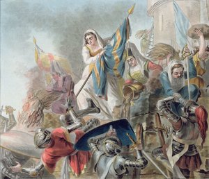 Jeanne Laisne erhebt ein Banner gegen die Männer von Bourgogne, graviert von Morret (fl. 1790-1820) 1787 von Antoine Louis Francois Sergent Marceau