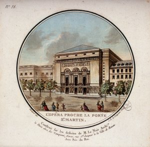 Die Oper, gebaut nach den Zeichnungen des Architekten Le Noir in der Nähe der Porte Saint Martin in Paris, heute das Theater der Porte Saint Martin. In malerische Ansichten der Hauptgebäude von Paris von Sergeant
