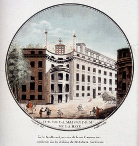 Ansicht des Hauses von Monsieur de La Haye an der Ecke der Rue Caumartin, Paris, gebaut nach Zeichnungen des Architekten Aubert. In pittoresken Ansichten der Hauptgebäude von Paris von Sergeant
